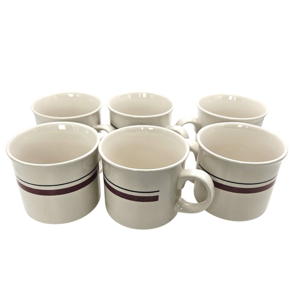 Vintage Churchill England Coffee Mugs Set of 6 Maroon Stripe Ironstone Cups